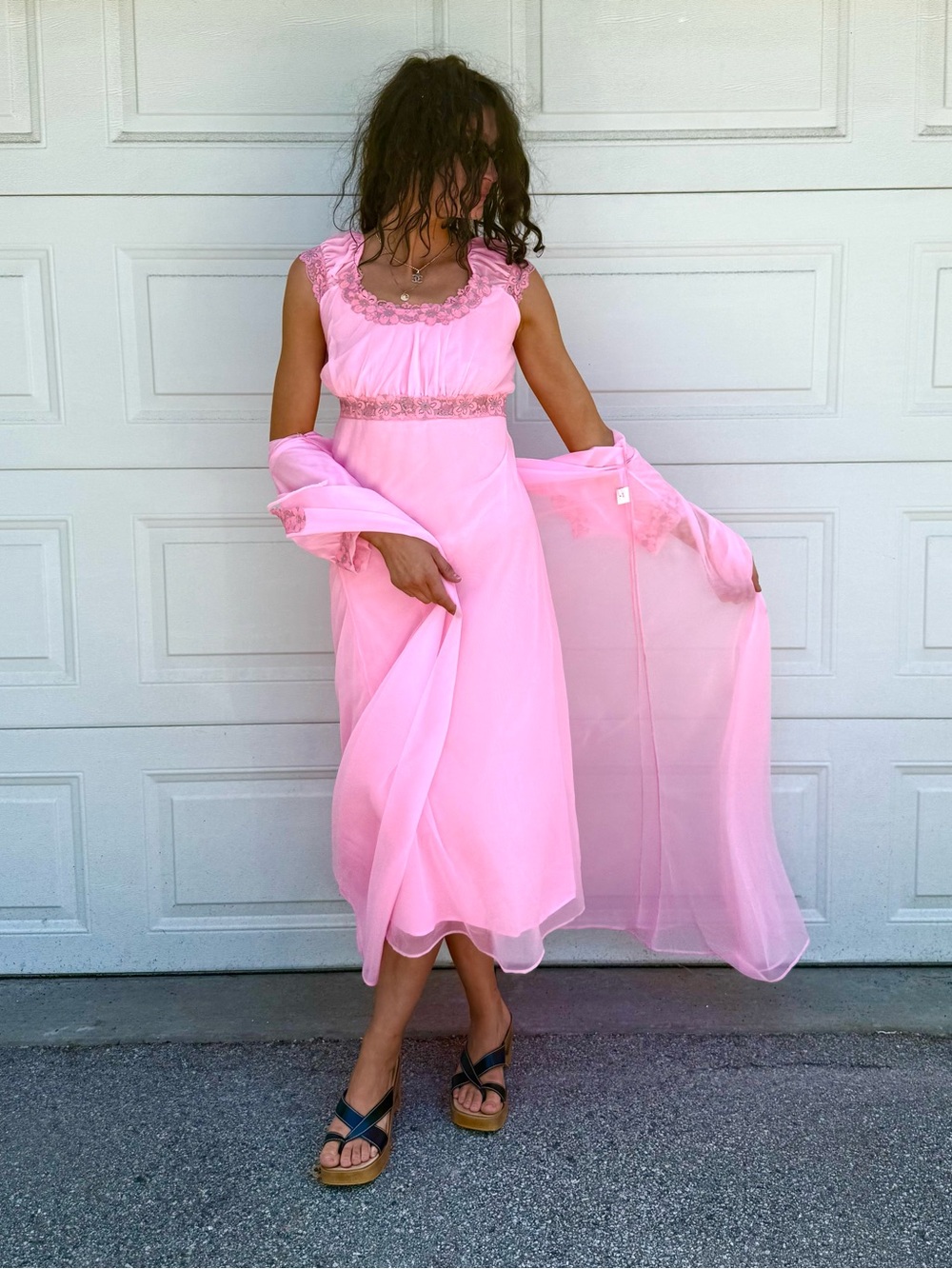 Vintage maxi Pink Chiffon Peignoir set Nightgown Slip & Robe Balletcore Lace